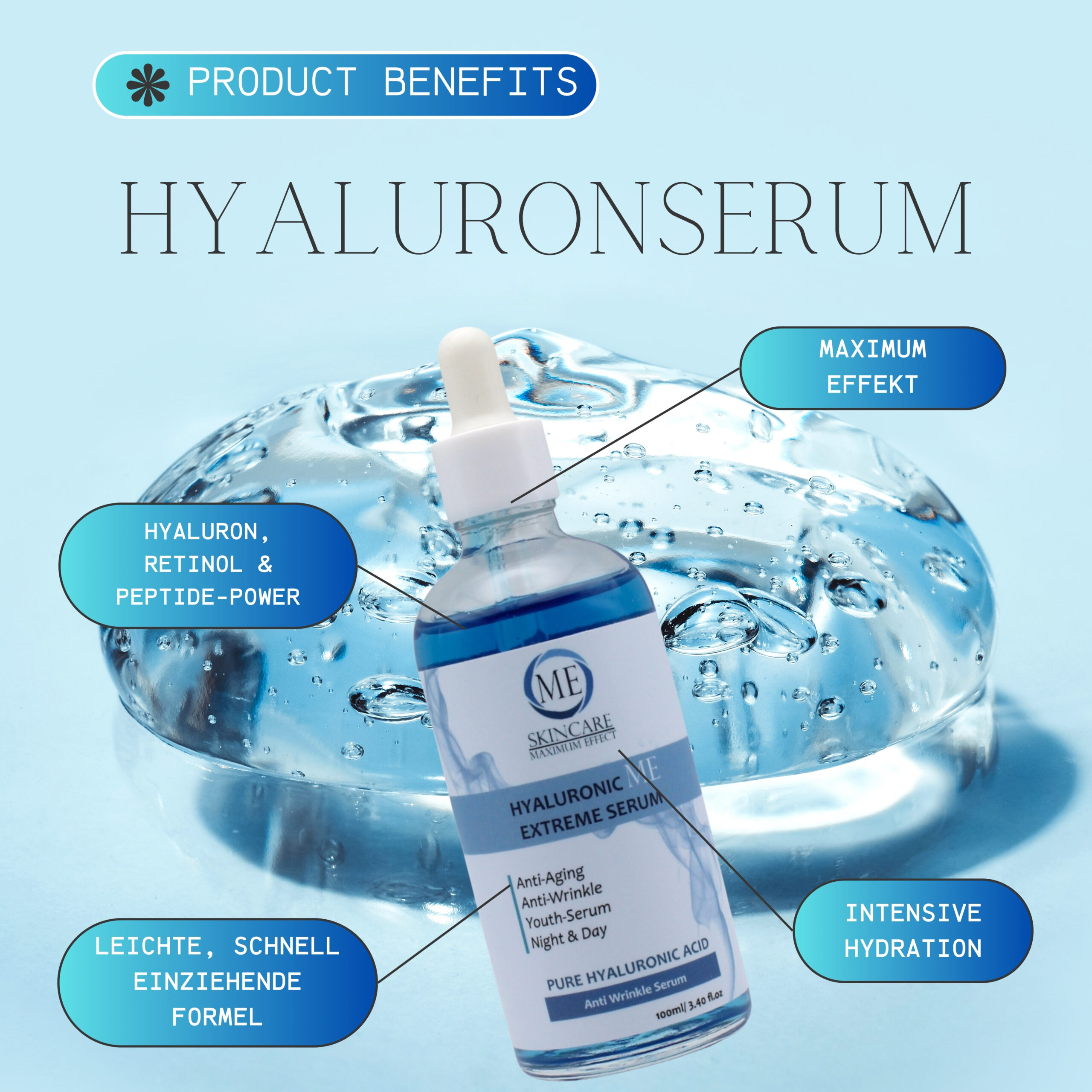 ME Skincare Hyaluronic ME Extreme Serum 100 ml – Hochdosiertes Hyaluron-Serum mit Retinol & Resveratrol – Bild 2