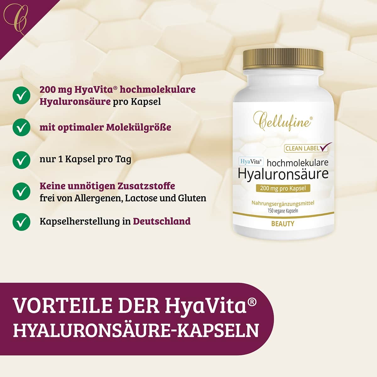 Cellufine® HyaVita® Hyaluronsäure Kapseln 200 mg - 150 vegane Kapseln für 5 Monate – Bild 2