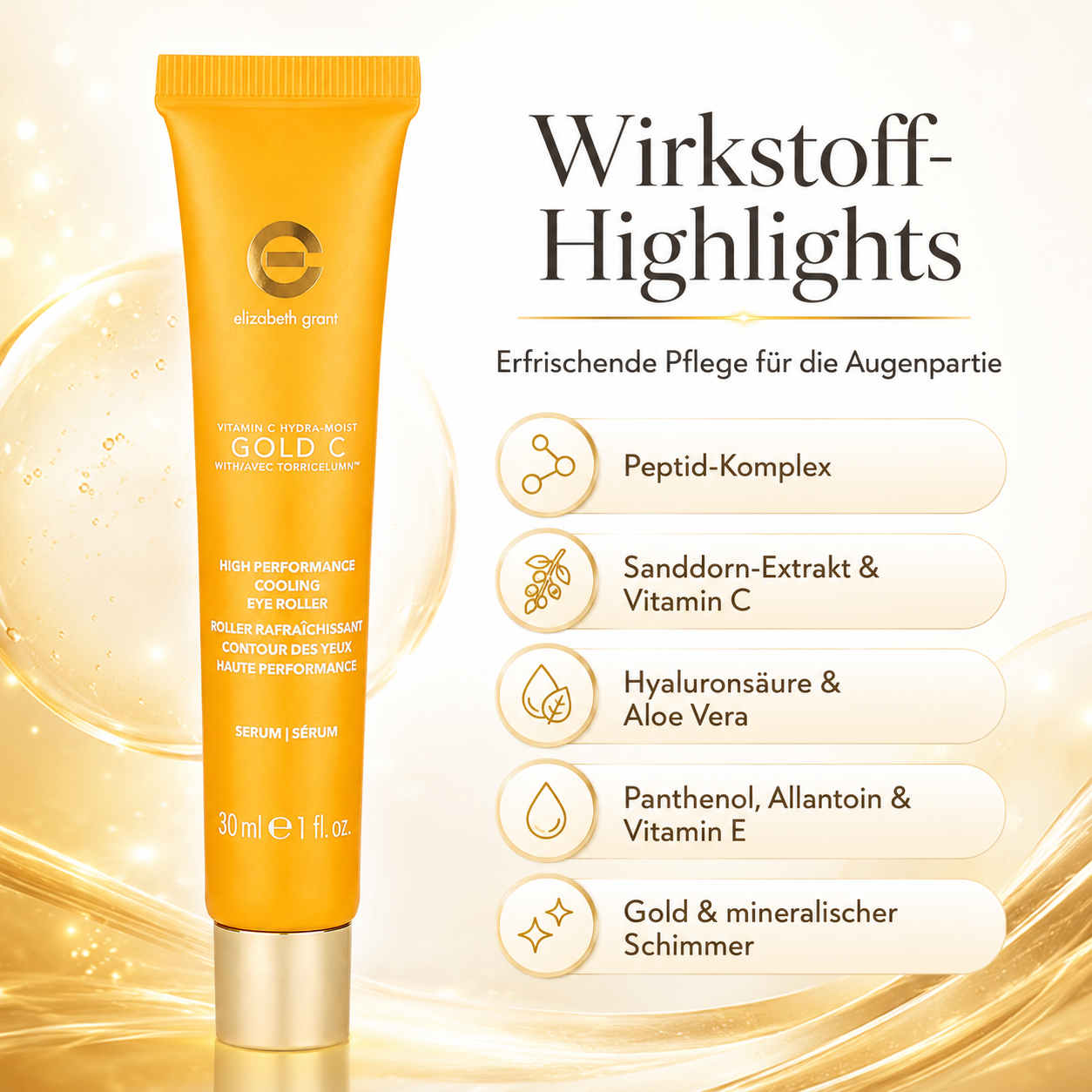 ELIZABETH GRANT Hydra Moist Gold C Cooling Eye Roller 30 ml – Augenserum mit Vitamin C, Gold, Hyaluronsäure, Peptiden und Torricelumn™ – Bild 3