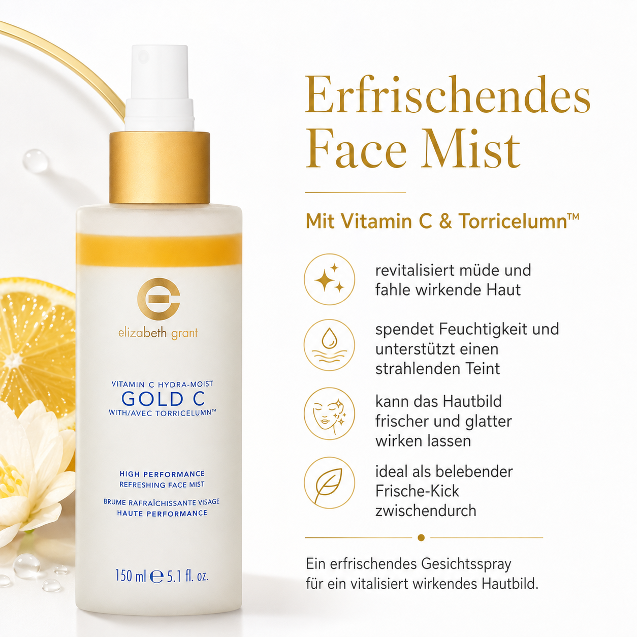 ELIZABETH GRANT Vitamin C Hydra Moist Gold C Refreshing Face Mist 150ml Gesichtsspray mit Vitamin C, Gold, Hyaluronsäure, Aloe Vera und Torricelumn™ – Bild 2