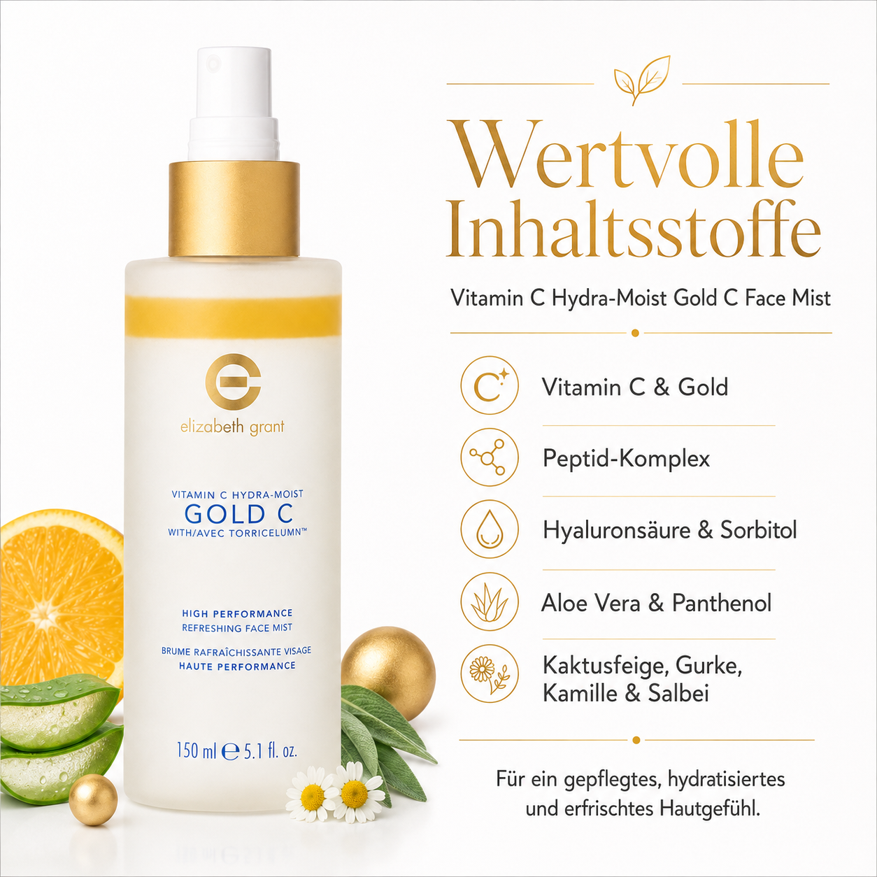 ELIZABETH GRANT Vitamin C Hydra Moist Gold C Refreshing Face Mist 150ml Gesichtsspray mit Vitamin C, Gold, Hyaluronsäure, Aloe Vera und Torricelumn™ – Bild 3