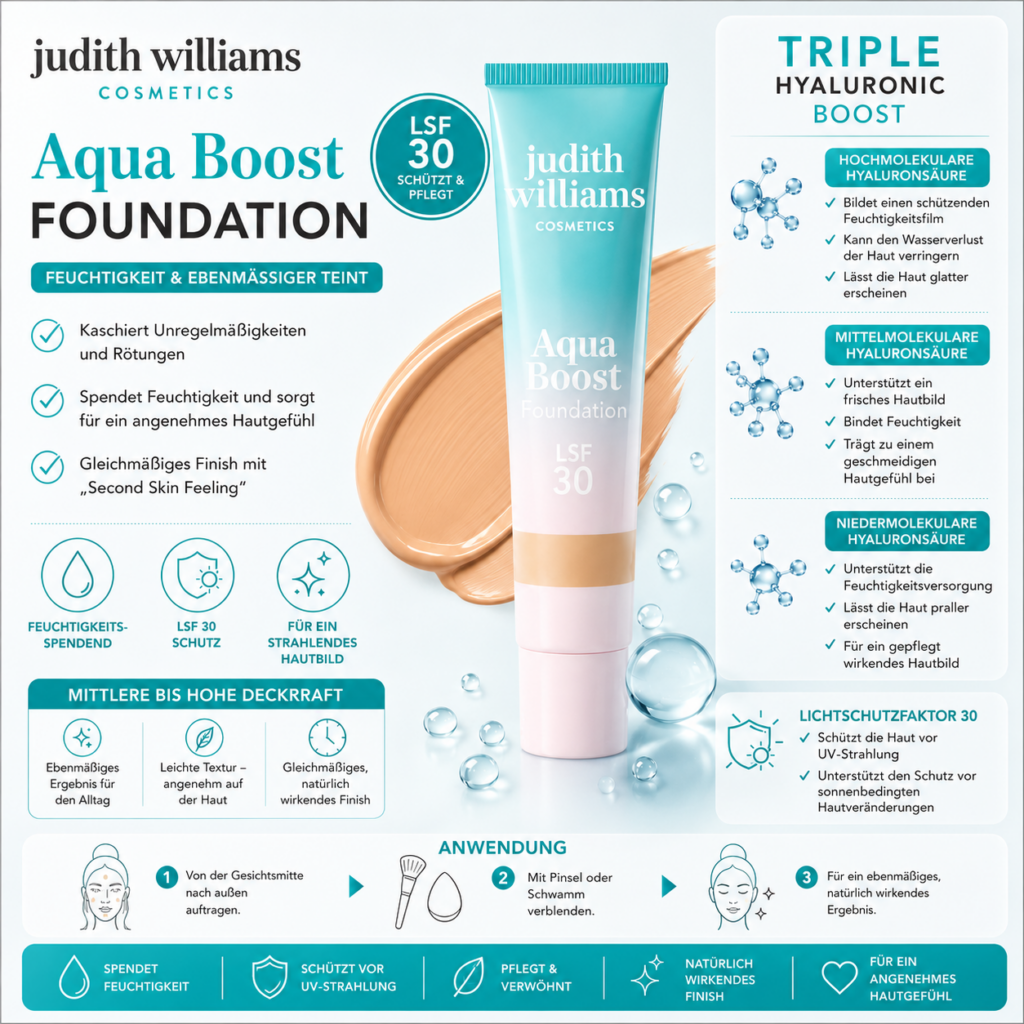 Judith Williams Aqua Boost Foundation LSF 30 – 30ml feuchtigkeitsspendende Foundation mit mittlerer bis hoher Deckkraft