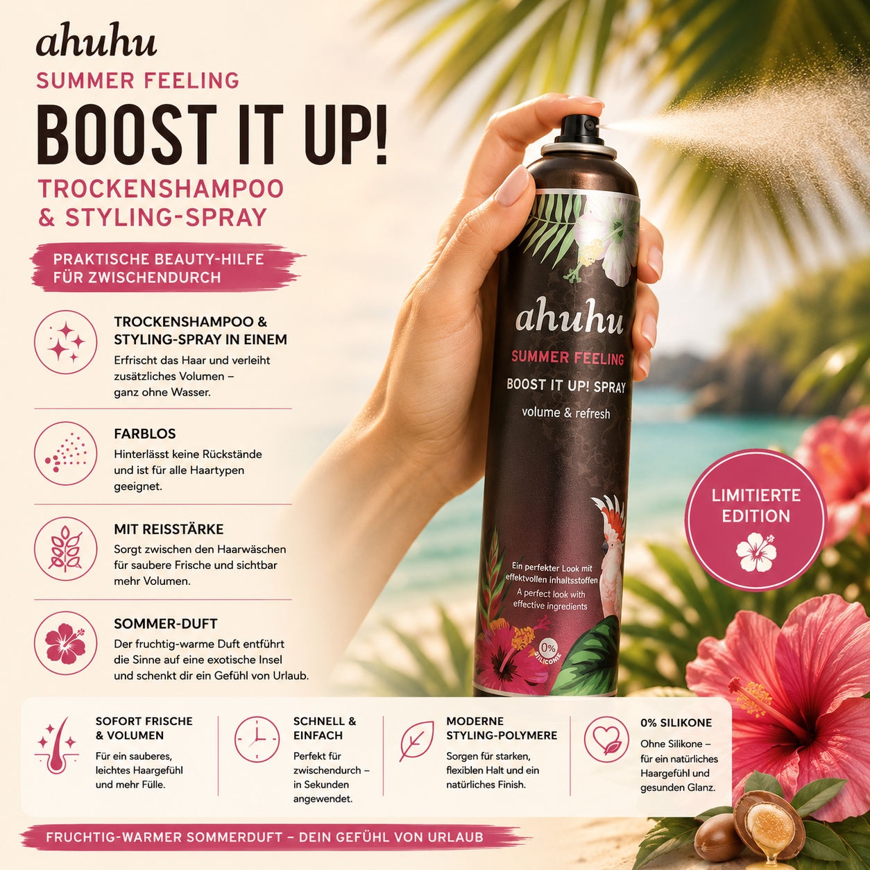 ahuhu Summer Feeling Boost it Up! 300 ml – 2-in-1 Trockenshampoo und Styling-Spray – Bild 2