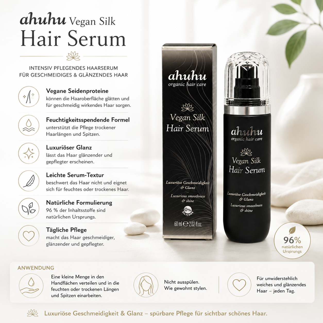 ahuhu Vegan Silk Hair Serum 60ml – pflegendes Haarserum mit veganen Seidenproteinen – Bild 2