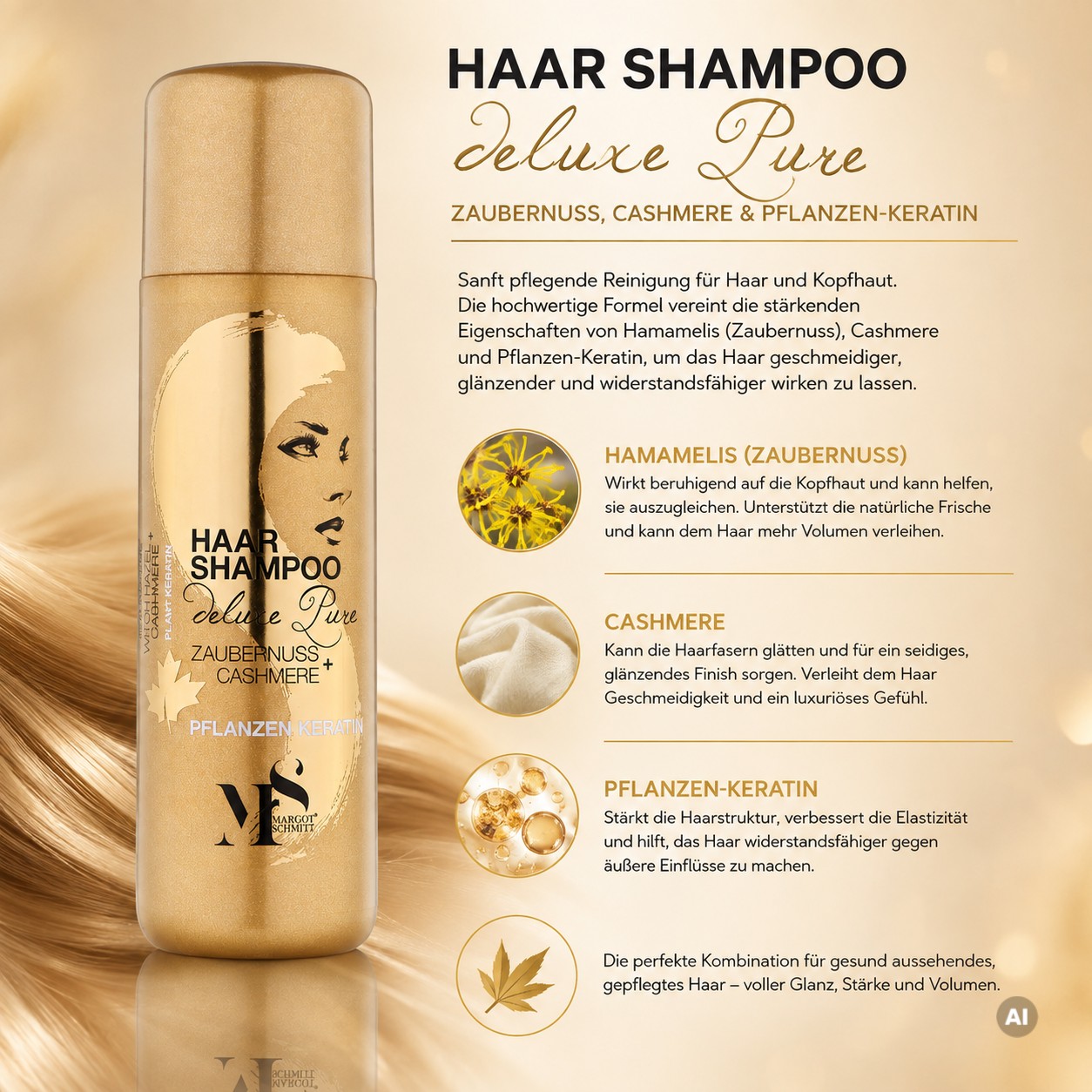 Margot Schmitt Shampoo mit Pflanzen Keratin 250ml + Haarkur Cashmere + Keratin 200ml mit Kopfmassage-Bürste – Bild 3