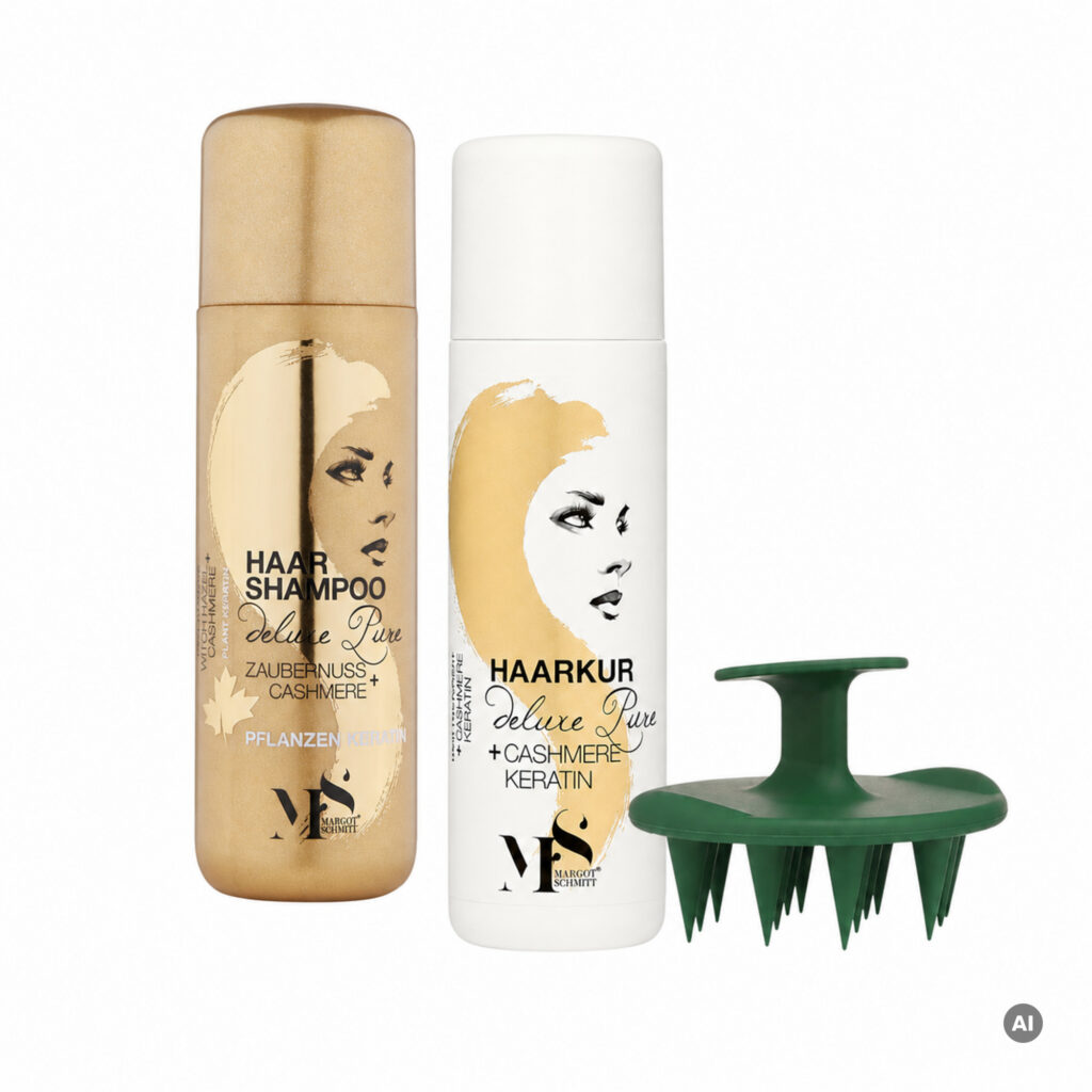 Margot Schmitt Shampoo mit Pflanzen Keratin 250ml + Haarkur Cashmere + Keratin 200ml mit Kopfmassage-Bürste