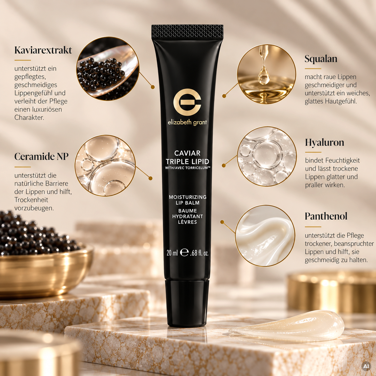 Kaviarextrakt, Ceramide, Squalan & Hyaluron